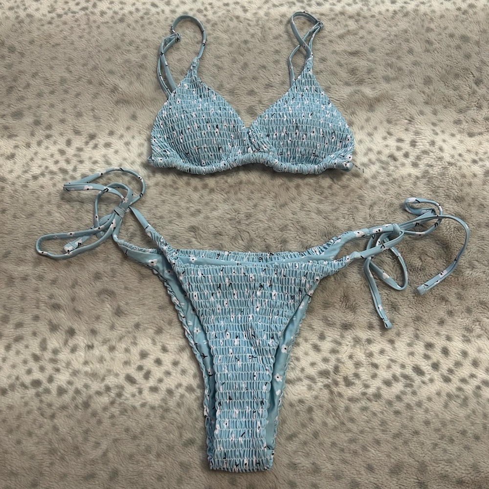 Blue Crochet Bikini with Tie Straps